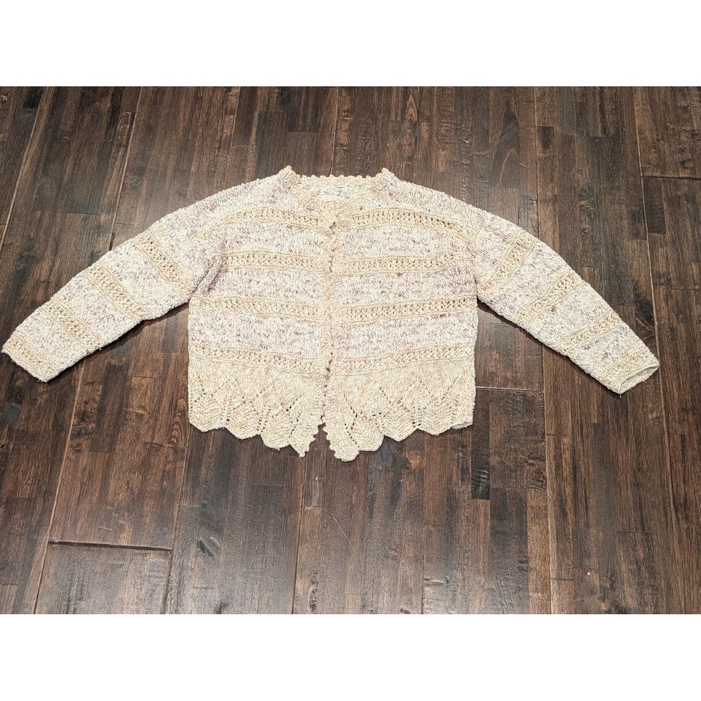 Handmade Knit Cardigan Womens Large Cream Pastel Open Front Scallop Hem Textured